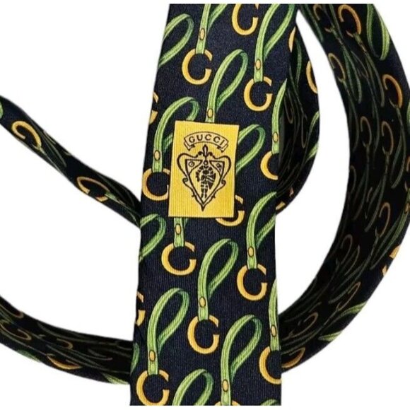 GUCCI Men's 100% Silk Necktie LUXURY Tie Navy Equestrian Monogram W:3.7" EUC - Picture 4 of 5